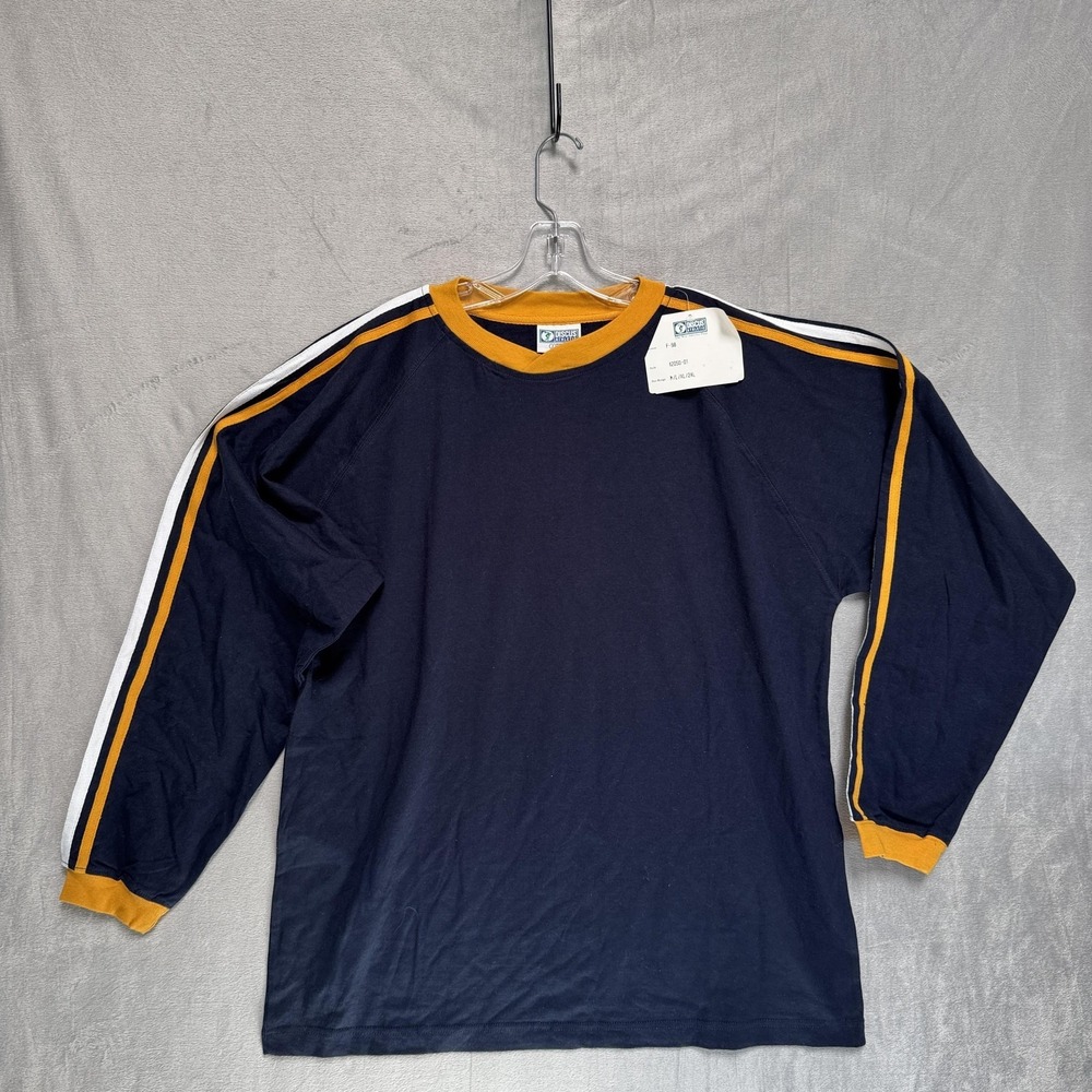 Vintage Discus Athletic Shirt Mens Large Blue Gold Stripe Long Sleeve Raglan 90s